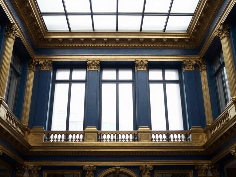 Interior architectural detail of a prestigious European law office, high ceiling, natural light streaming through large windows, deep navy and brass tones, symmetrical composition, sharp focus, 35mm