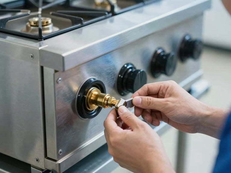 Close-up of a technician calibrating the gas valve on a commercial stainless steel oven, bright utility lighting, sharp focus on brass components.