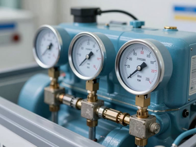 Close-up of pressure gauges connected to a commercial walk-in freezer compressor, metallic blue tones, crisp focus on the dial readings.