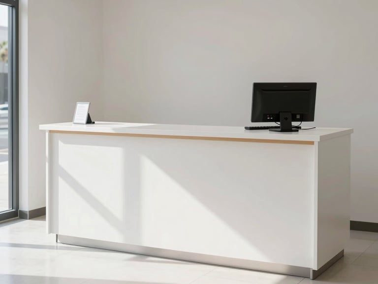 Clean, calm clinic reception desk, empty, with bright natural daylight, 35mm lens.