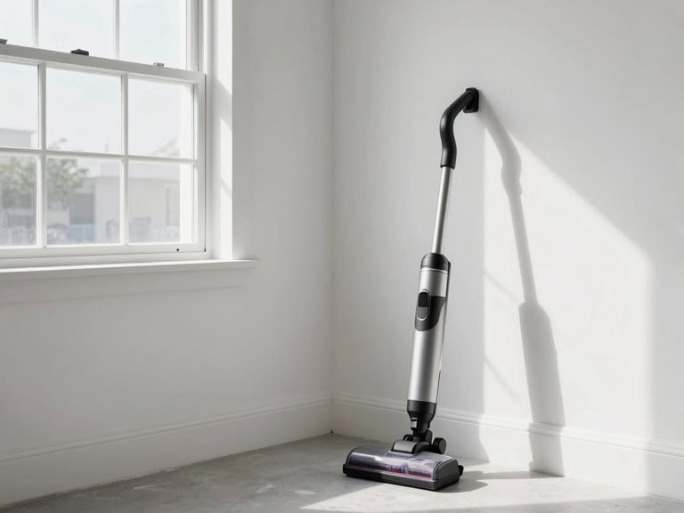 Bright Florida sunlight streaming through a window onto a clean, newly painted white wall with perfectly mitered baseboards, a professional vacuum standing neatly in the corner, clean work environment.