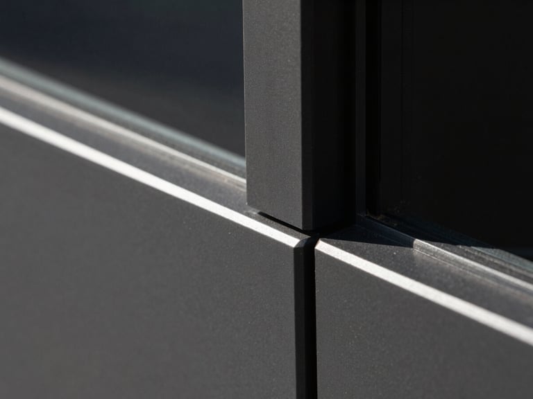 Close-up of a premium matte black aluminum profile joint, sharp architectural lines, strong directional sunlight highlighting the metallic texture and precise corner cut.