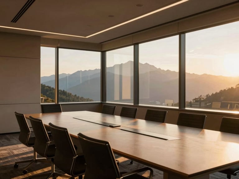 Warm editorial photography of a sunlit modern conference room with large windows, mountain views, sleek chairs, and clean minimalist design, golden-hour mountain light, soft shadows