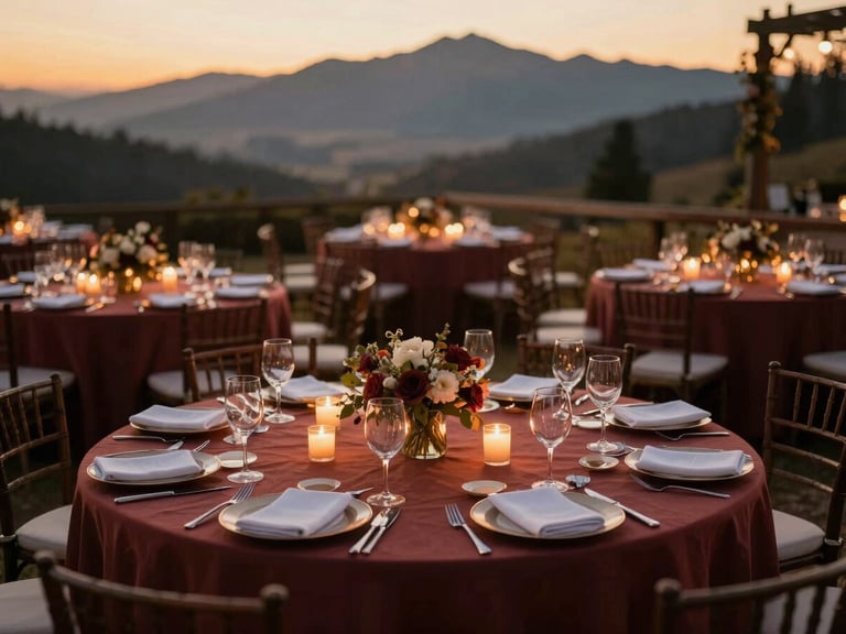 Warm editorial photography of an elegant banqueting space decorated for a special gathering, warm ambient lighting, soft shadows, sophisticated table arrangements, rich deep tones