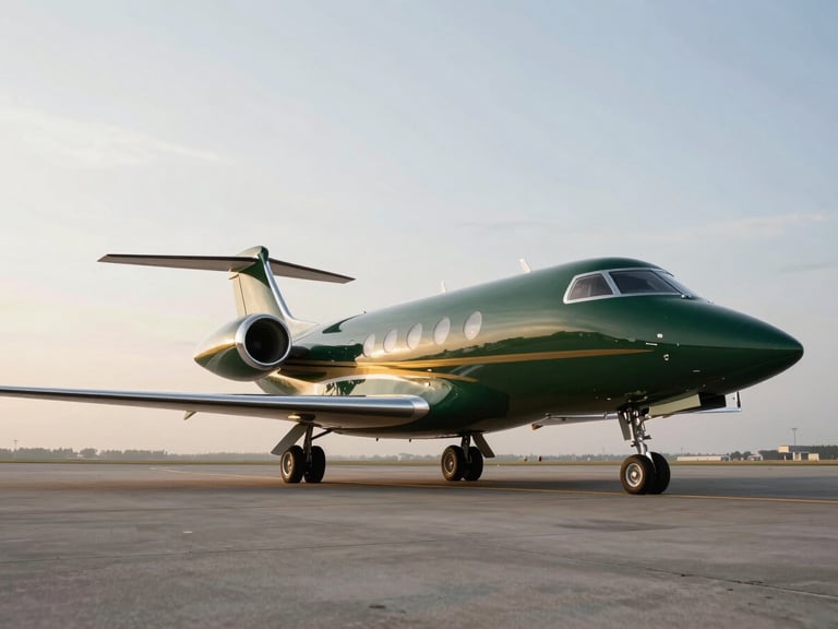 Wide-angle low-angle view of a sleek private charter jet on the tarmac under a crisp overcast sky, elegant brushed gold trim on the fuselage, clean negative space.