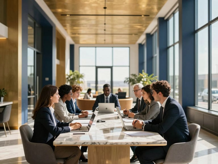Wide panoramic shot of a modern, sunlit corporate office in Casablanca, collaborative meeting of diverse finance professionals around a marble table, warm gold and deep navy tones, architectural depth of field, 35mm