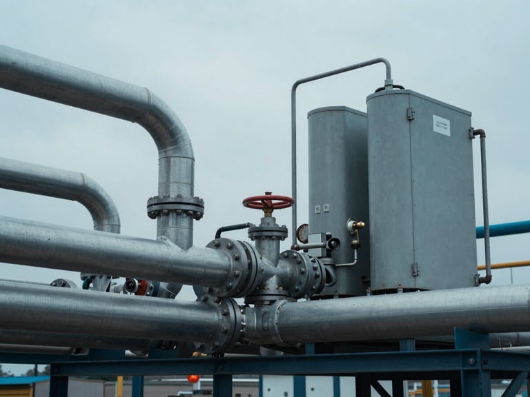 Industrial clean energy infrastructure with heavy steel pipes and fuel cell testing equipment, cool overcast daylight, sharp technical details, desaturated blues, 35mm