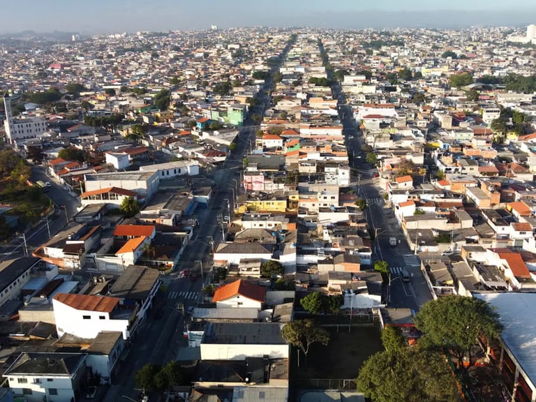 Vista aérea mostrando a densa malha urbana e suas avenidas principais.