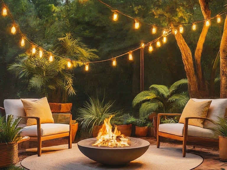 a fire pit with chairs and a fire pit