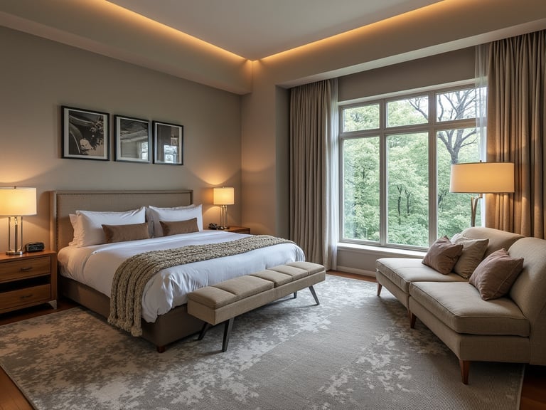 a bedroom with a bed and a couch