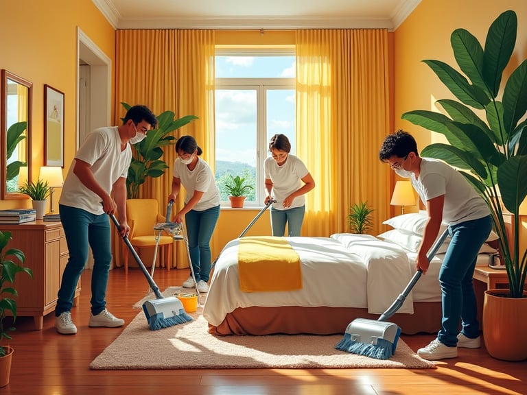 a group of people are cleaning a bed