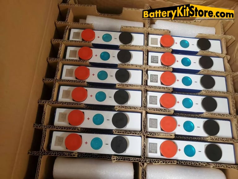 a box of prismatic LiFePO4 battery cells