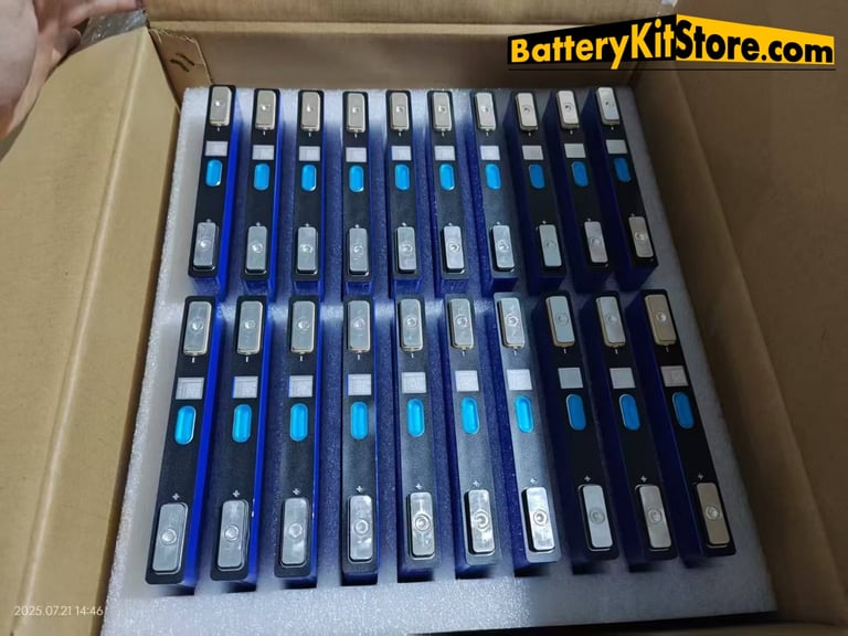a box of prismatic LiFePO4 battery cells