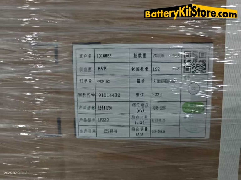 package of EVE LF230 prismatic LiFePO4 battery cells