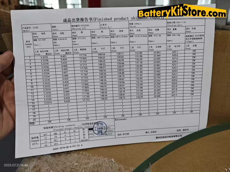 test report of EVE LF22K prismatic LiFePO4 battery cells