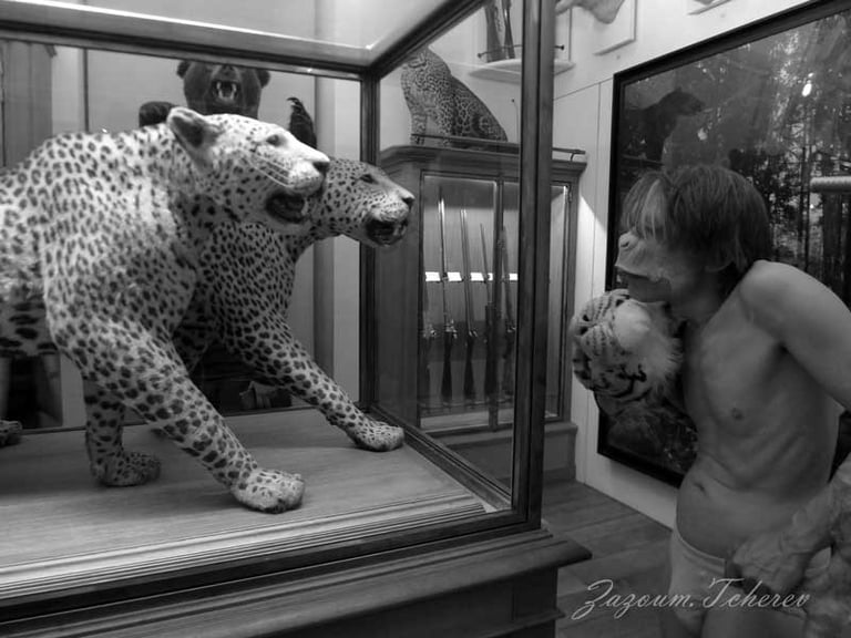 David Noir singe, face à deux panthères | "La peau sur les zoos" | Musée de la chasse et de la nature | Photo Zazoum Tcherev