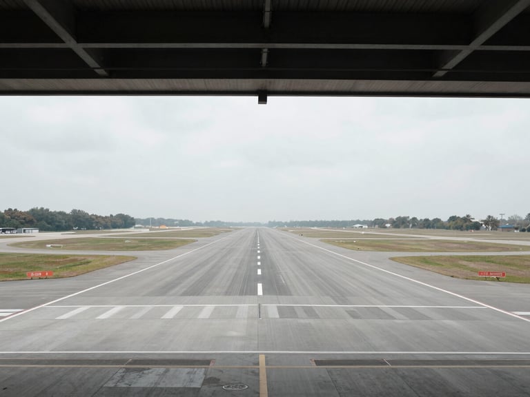 Symmetrical wide-angle shot of empty airport runway, flat overcast daylight, desaturated industrial tones, 35mm