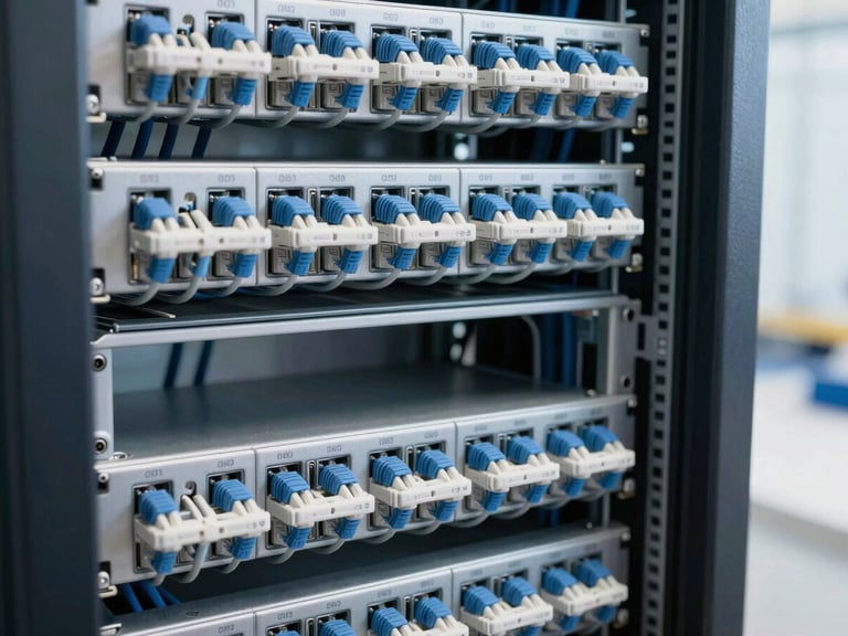 Close-up of neatly organized Cat6A structured cabling in a server rack, clearly labeled, bright commercial indoor lighting, crisp details, 35mm lens.
