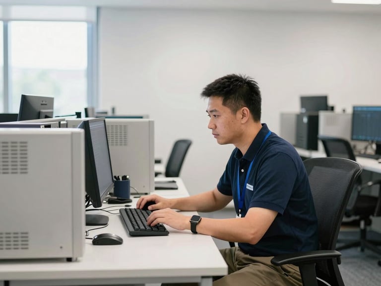 Medium shot of a clean, organized office environment with a technician working at a desk, branded Thunderbird Technology Group elements subtly visible, clean commercial photography, bright natural daylight, crisp details, structured technical environments, realistic color grading, 35mm lens