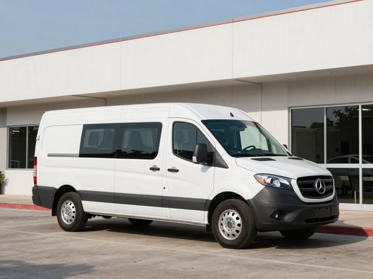 Wide environmental shot of a clean, branded Thunderbird Technology Group service vehicle parked outside a commercial building during daylight, clean commercial photography, bright natural daylight, crisp details, structured technical environments, realistic color grading, 35mm lens