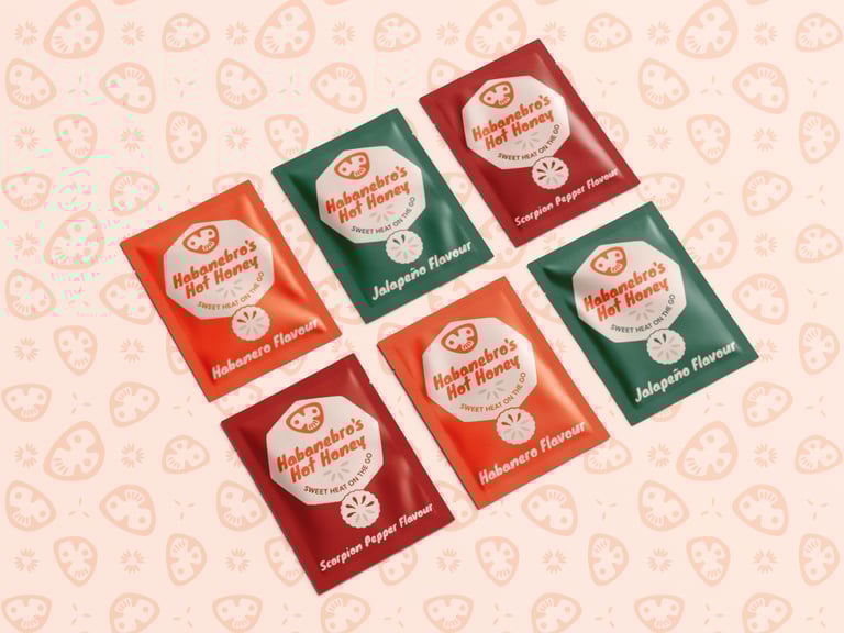 A mockup of 6 Hot Honey sachets.