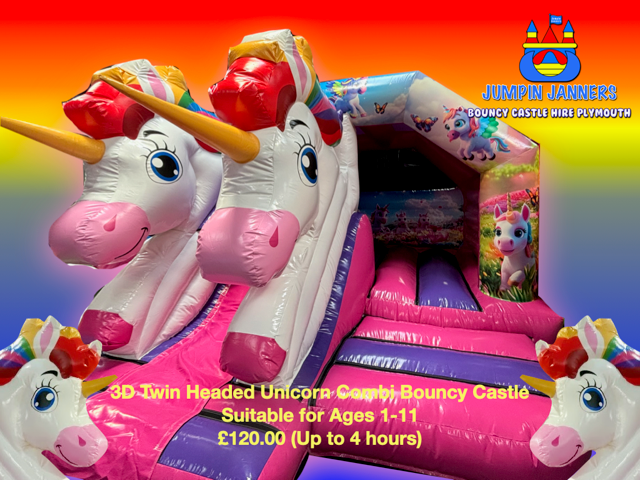 3D Twin Headed Unicorn Combi Bouncy Castle - Jumpin Janners - Bouncy Castle Hire Plymouth