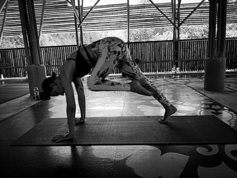 A woman transitions from Downward to Warrior One in Yoga practice