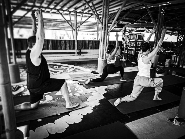 The deep lunge in Ashwa Sanchalanasana stretches the muscles at the front of the hips.