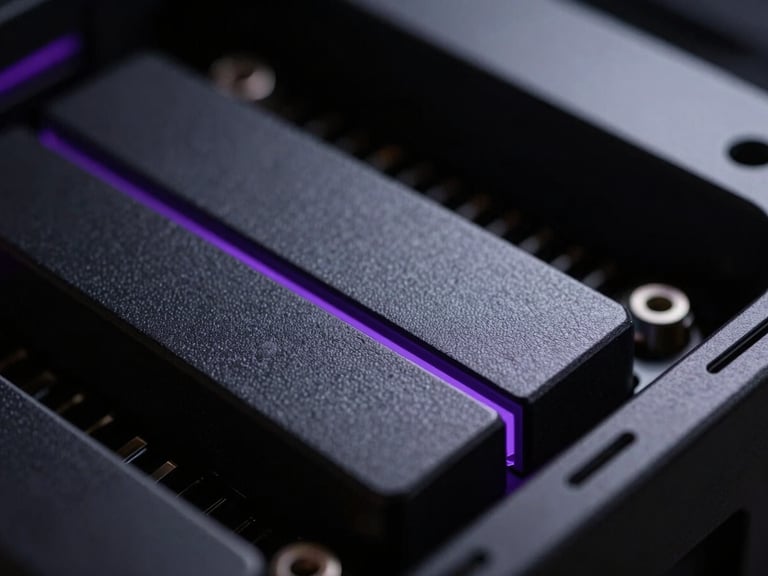 Macro close-up of server hardware components, deep gray and black textures, sharp violet edge highlights, low-key studio lighting