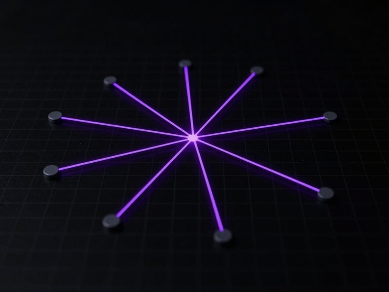 Flat-lay technical schematic of a network routing diagram, glowing violet vector lines on a deep black grid, high-contrast minimalist digital art