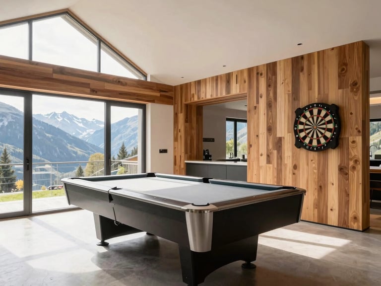 Bright modern recreation room in Bronte Haus with a high-quality billiard table, dart board on the wall, warm wood accents, clean architectural lines, natural alpine light