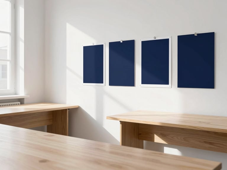 Bright, sunlit design studio interior with clean wooden desks, physical print mockups on the wall, and natural window light casting soft shadows