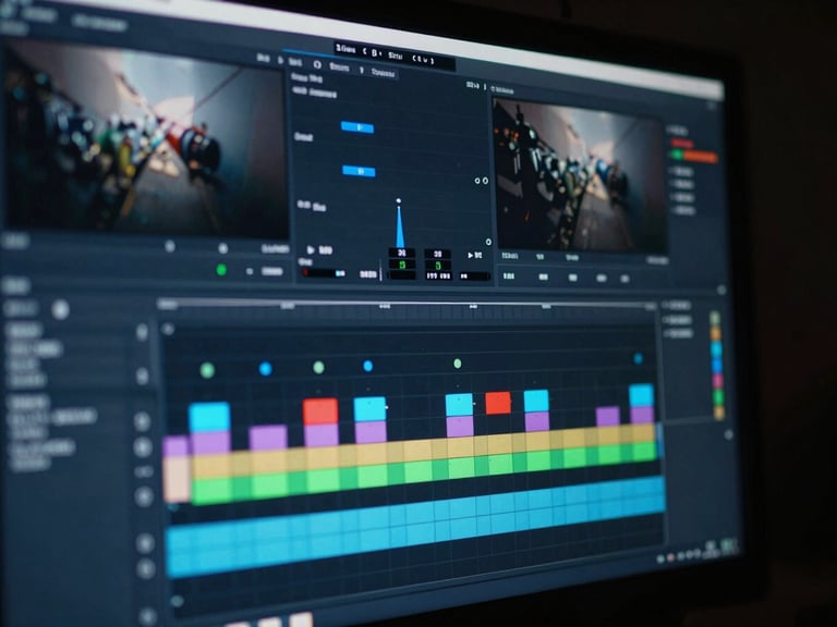Close-up of a professional video editing timeline on a monitor, color grading wheels visible, neon-tinged editing bay glow, 35mm film.