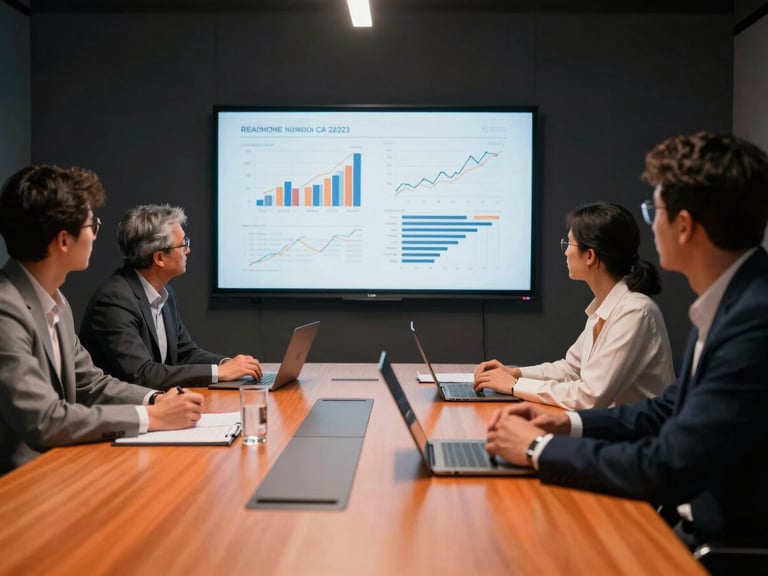 Modern meeting room, professionals discussing financial reports projected on a screen, focused on strategic decisions, sharp high-contrast lighting, deep charcoal and vibrant orange tones, professional editorial style, 35mm, dynamic perspective.