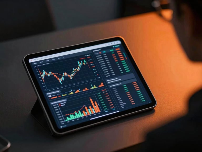 Modern corporate office, a tablet displaying complex financial charts and data, sharp high-contrast lighting, deep charcoal and vibrant orange tones, professional editorial style, 35mm, dynamic perspective over the shoulder.