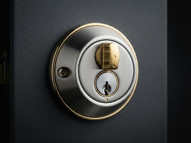 Close-up of a modern, sleek silver deadbolt lock with gold accents, studio lighting, crisp focus, charcoal background.