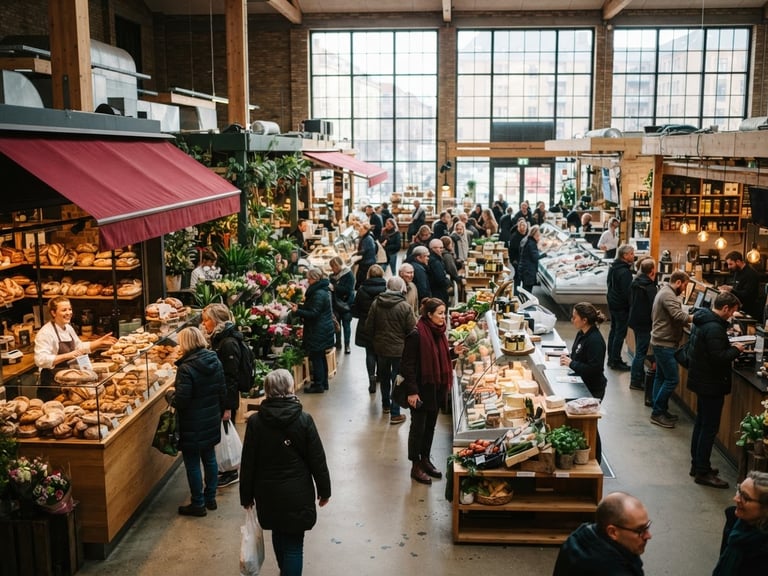 Wide panoramic shot of a bustling, Scandinavian-style food market interior, natural light streaming through large windows, diverse vendors, people browsing, soft focus, rich crimson and forest green tones, shallow depth of field, 35mm film