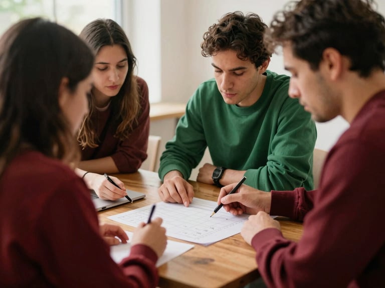 Behind-the-scenes shot of agency team members collaborating on a content calendar, focused expressions, planning session around a wooden table, soft natural daylight, warm editorial photography, rich crimson and forest green tones, shallow depth of field, 35mm film.
