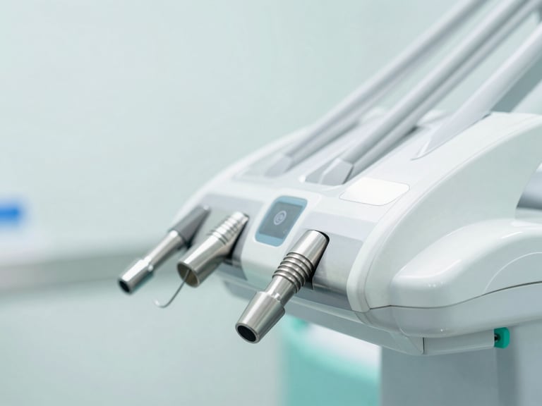 Close-up of modern dental sterilization equipment, gleaming stainless steel, sterile environment, soft studio light