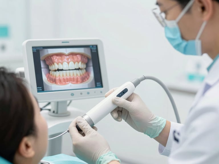 Dentist using a digital intraoral scanner on a patient's teeth, screen displaying 3D dental model, bright clinical setting, high-key daylight