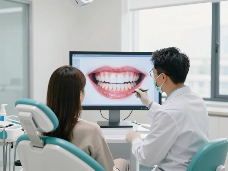 Dentist and patient reviewing digital smile design on a large screen in a modern consultation room, warm natural light, comfortable chairs