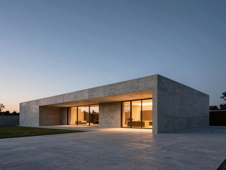 Wide panoramic shot of a minimalist contemporary concrete house at dusk, clean architectural lines, warm interior light glowing, negative space on the left, architectural style.