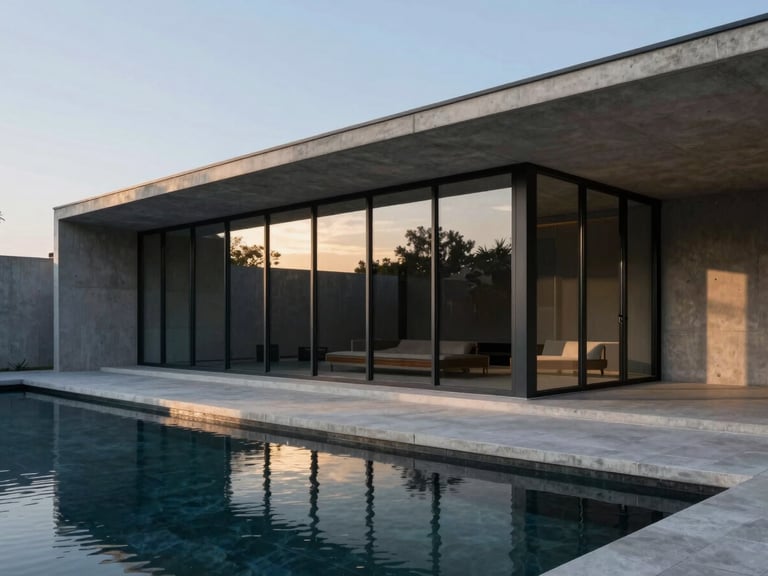 Wide-angle architectural photography of a minimalist concrete and glass pavilion, soft natural evening light reflecting on a quiet pool, deep navy shadows, 35mm