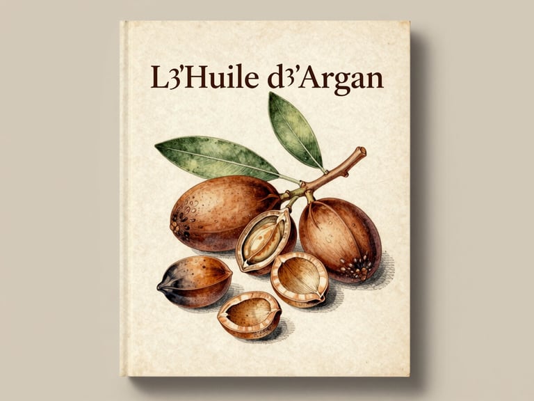A book cover flat-lay, titled 'L'Huile d'Argan' with a detailed botanical illustration of argan kernels, vintage paper texture, academic style