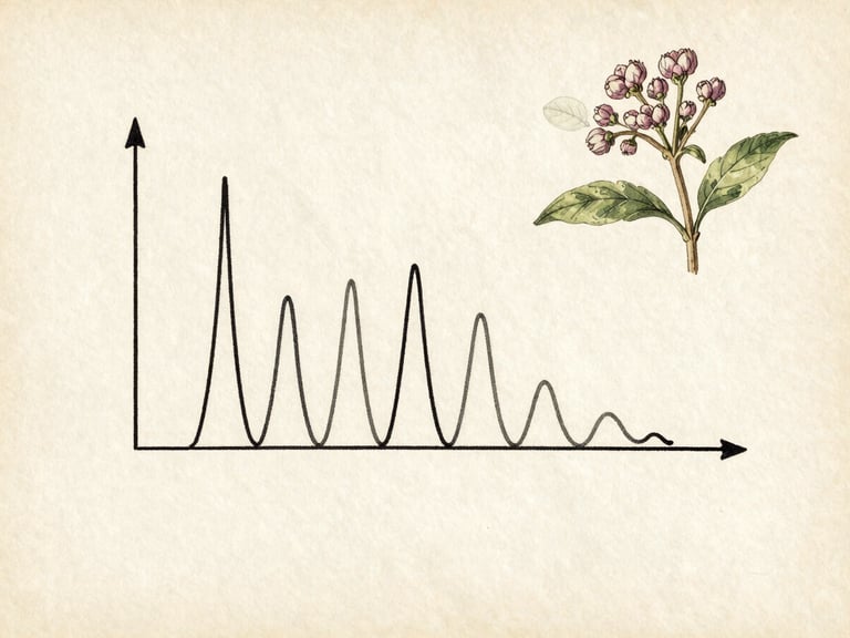 A clean, minimalist scientific diagram of a gas chromatography profile showing lipid peaks, styled like an antique 19th-century scientific notebook sketch, muted ink lines on aged cream paper texture.