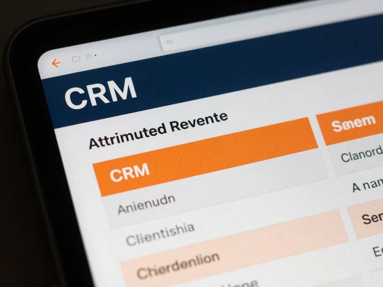 Close-up macro shot of a CRM interface showing attributed revenue and client acquisition data, with a subtle orange highlight on key metrics, high-contrast cool daylight, deep slate and sharp orange accents, sharp focus, 35mm lens.