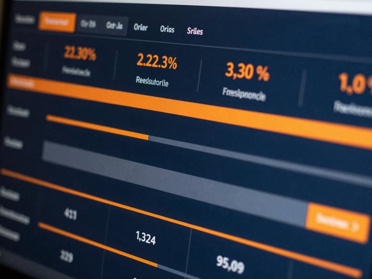 Close-up macro shot of a data dashboard displaying search query performance with clear conversion metrics, high-contrast cool daylight, deep slate and sharp orange accents, sharp focus, 35mm lens.