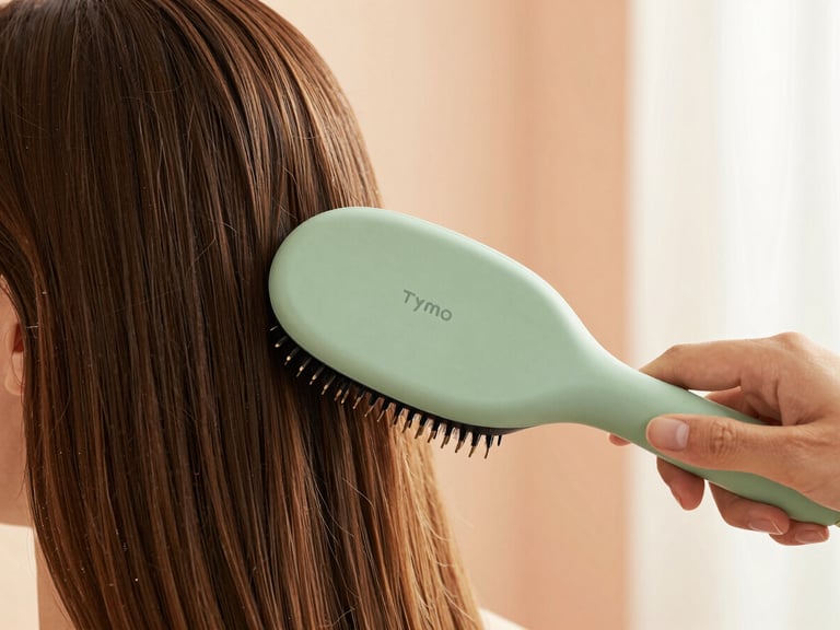 Close-up of a modern Tymo hair styling brush being used on smooth brown hair, soft natural morning light, warm peach tones, shallow depth of field