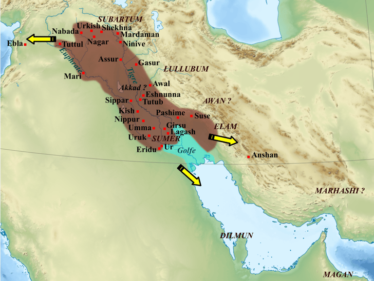 Map of the Akkadian Empire (brown) and the directions in which military campaigns were conducted (ye