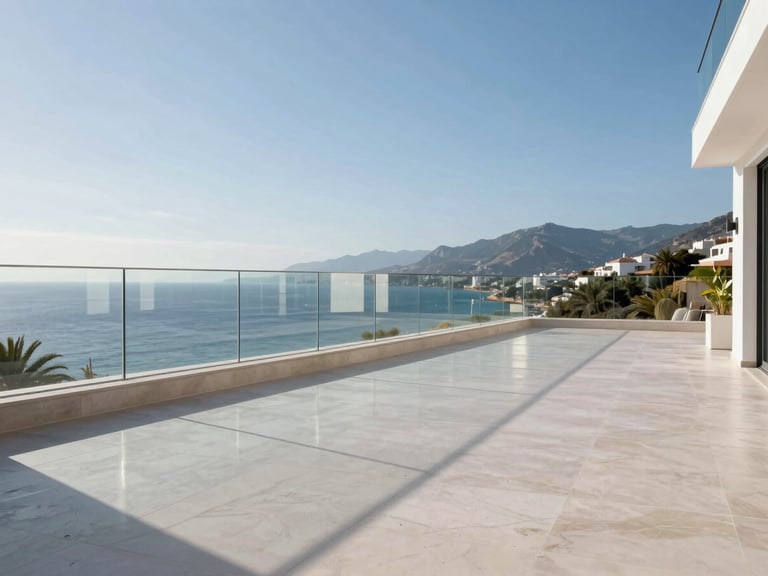 Wide-angle view of a contemporary Costa del Sol terrace, frameless glass balustrade running the full perimeter, white stone floor reflecting midday sun, sea and mountains visible beyond the transparent barrier, no people